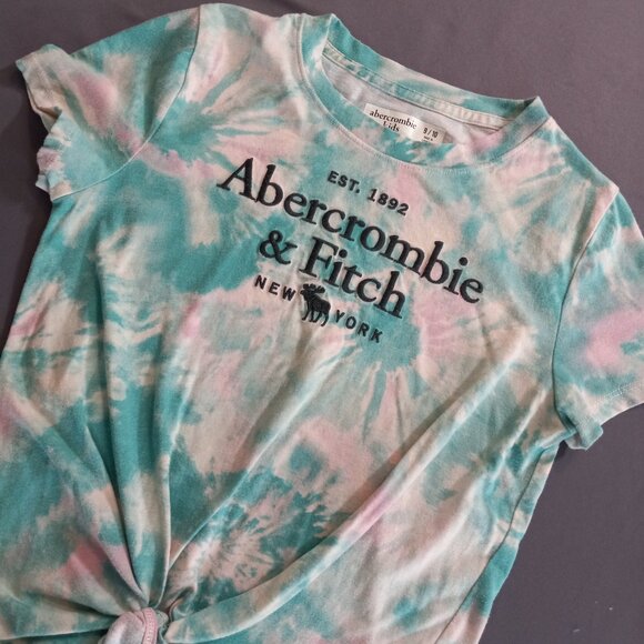 Y2K Abercrombie Kids Girls' Tie-Dye Knot-Front T-Shirt (Size 9/10, Teal & Pink) - Picture 3 of 7
